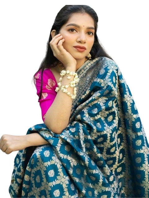 Women's Silk Printed Saree With Unstitched Blouse 5.5Mtr (Sky Blue)