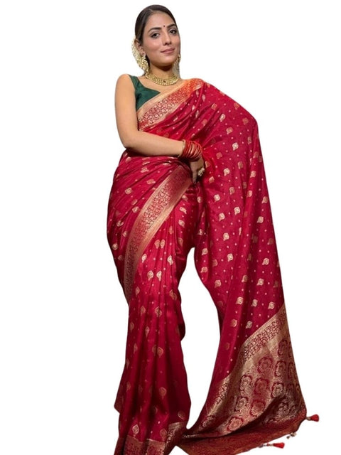 Women's Silk Printed Saree With Unstitched Blouse 5.5Mtr (Red)