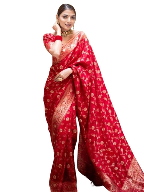 Women's Silk Printed Saree With Unstitched Blouse 5.5Mtr (Red)