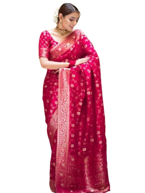 Women's Silk Printed Saree With Unstitched Blouse 5.5Mtr (Rani Pink)