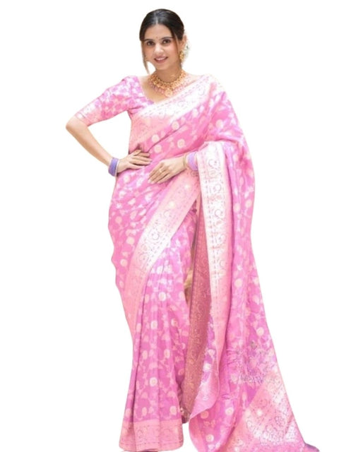 Women's Silk Printed Saree With Unstitched Blouse 5.5Mtr (Pink)