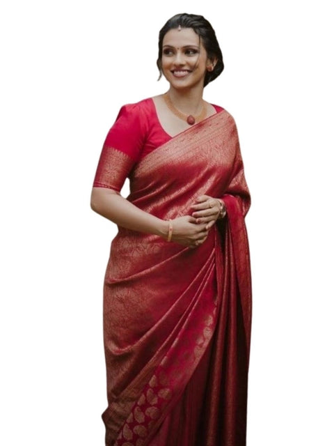 Women's Silk Printed Saree With Unstitched Blouse 5.5Mtr (Red)
