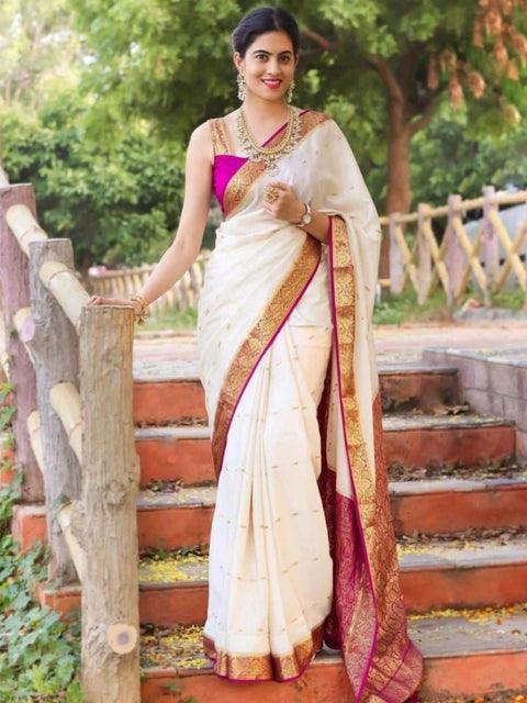 Women's Silk Printed Saree With Unstitched Blouse 5.5Mtr (White)