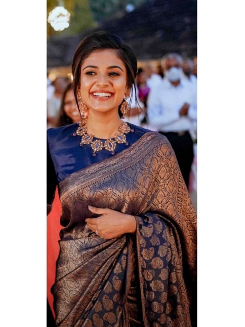 Women's Silk Printed Saree With Unstitched Blouse 5.5Mtr (Blue)