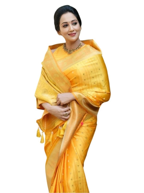 Women's Silk Printed Saree With Unstitched Blouse 5.5Mtr (Yellow)