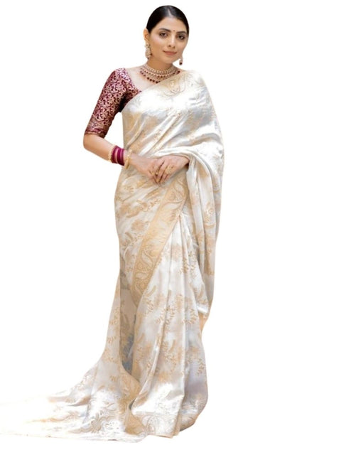 Women's Silk Printed Saree With Unstitched Blouse 5.5Mtr (White)