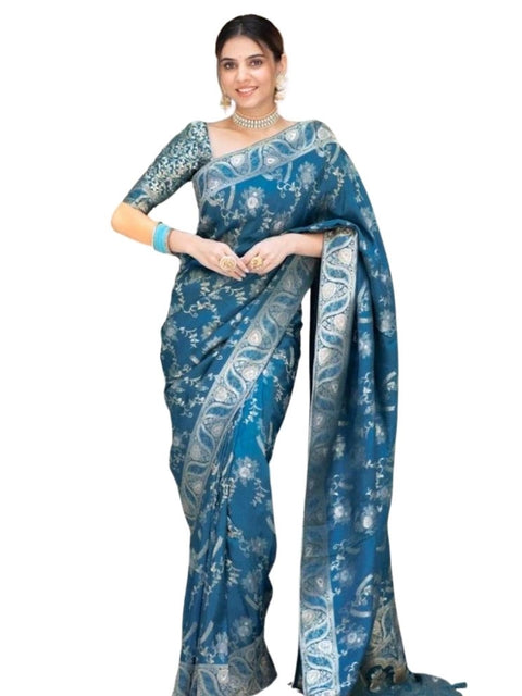 Women's Silk Printed Saree With Unstitched Blouse 5.5Mtr (Teal Blue)