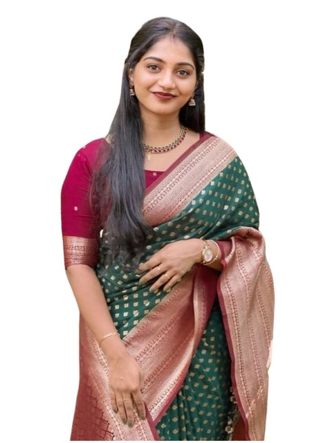 Women's Silk Printed Saree With Unstitched Blouse 5.5Mtr (Green-Red)