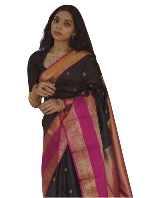 Women's Silk Printed Saree With Unstitched Blouse 5.5Mtr (Black-Pink)