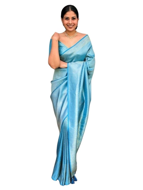 Women's Silk Printed Saree With Unstitched Blouse 5.5Mtr (Sky Blue)