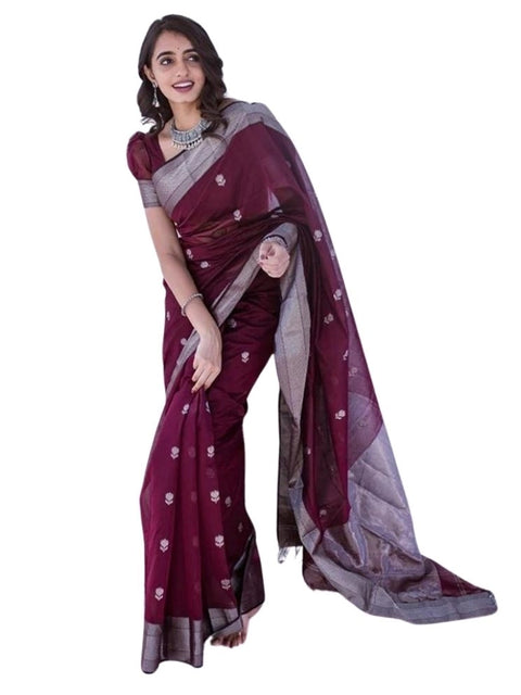 Women's Cotton  Printed Saree With Unstitched Blouse 5.5Mtr (Maroon)