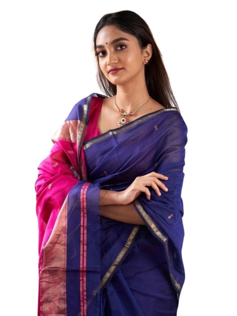 Women's Cotton  Printed Saree With Unstitched Blouse 5.5Mtr (Blue)