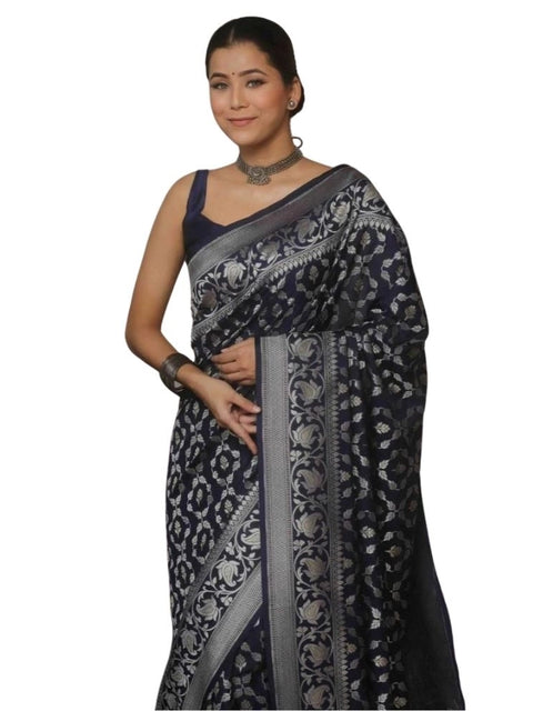 Women's Silk Printed Saree With Unstitched Blouse 5.5Mtr (Navy Blue)
