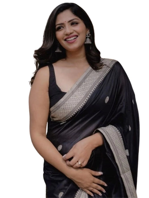Women's Silk Printed Saree With Unstitched Blouse 5.5Mtr (Black)
