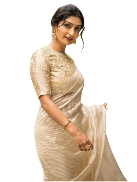 Women's Silk Printed Saree With Unstitched Blouse 5.5Mtr (Off White)