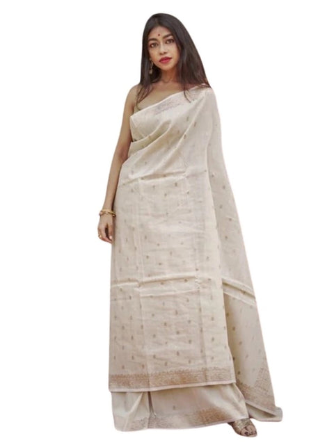 Women's Cotton  Printed Saree With Unstitched Blouse 5.5Mtr (Cream)