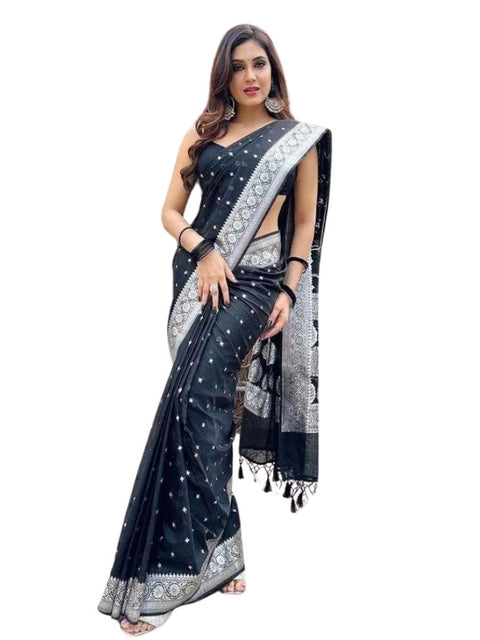 Women's Silk Printed Saree With Unstitched Blouse 5.5Mtr (Black)