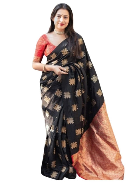Women's Silk Printed Saree With Unstitched Blouse 5.5Mtr (Blacl-Orange)