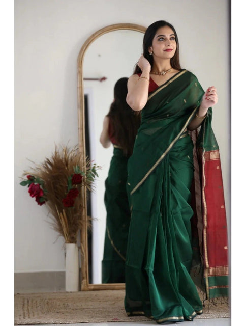 Women's Cotton  Printed Saree With Unstitched Blouse 5.5Mtr (Dark Green)