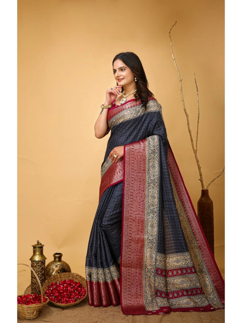 Women's Soft Dola Cotton Kalamkari Printed Saree With Unstitched Blouse 5.5Mtr (Grey)
