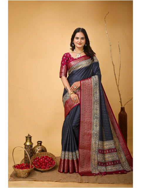 Women's Soft Dola Cotton Kalamkari Printed Saree With Unstitched Blouse 5.5Mtr (Grey)