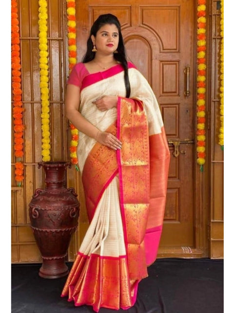 Women's Soft Lichi Silk Printed Saree With Unstitched Blouse 5.5Mtr (Cream)