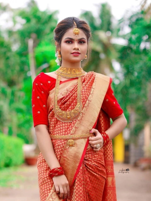 Women's Soft Lichi Silk Printed Saree With Unstitched Blouse 5.5Mtr (Red)