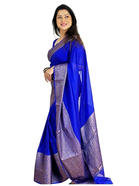 Women's Soft Lichi Silk Solid Saree With Unstitched Blouse 5.5Mtr (Blue)