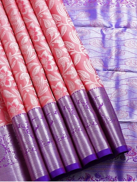 Women's Soft Lichi Silk Printed Saree With Unstitched Blouse 5.5Mtr (Purple)
