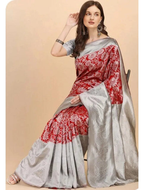 Women's Soft Lichi Silk Printed Saree With Unstitched Blouse 5.5Mtr (Red)