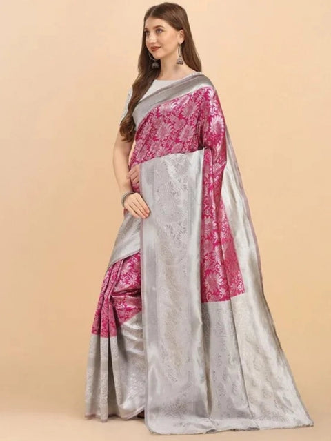 Women's Soft Lichi Silk Printed Saree With Unstitched Blouse 5.5Mtr (Pink)
