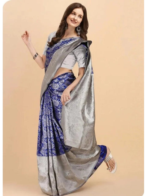 Women's Soft Lichi Silk Printed Saree With Unstitched Blouse 5.5Mtr (Blue)