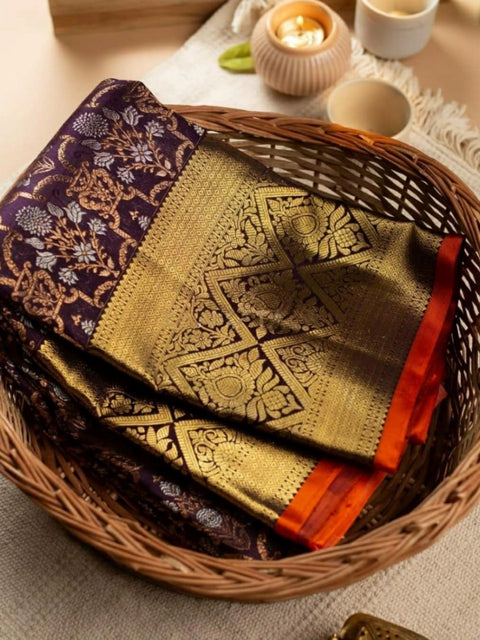 Women's Soft Lichi Silk Printed Saree With Unstitched Blouse 5.5Mtr (Purple)