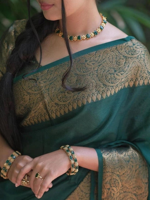 Women's Soft Lichi Silk Solid Saree With Unstitched Blouse 5.5Mtr (Green)