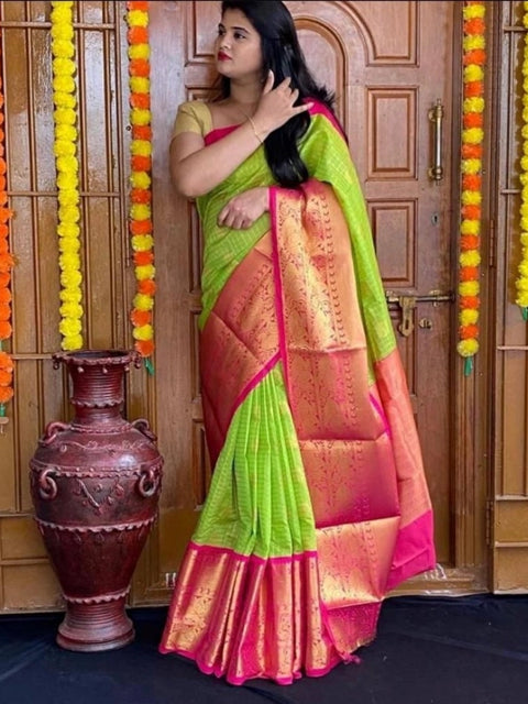 Women's Soft Lichi Silk Printed Saree With Unstitched Blouse 5.5Mtr (Green)