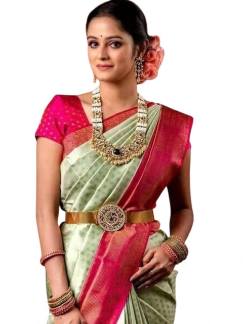 Women's Soft Lichi Silk Printed Saree With Unstitched Blouse 5.5Mtr (Light Green)