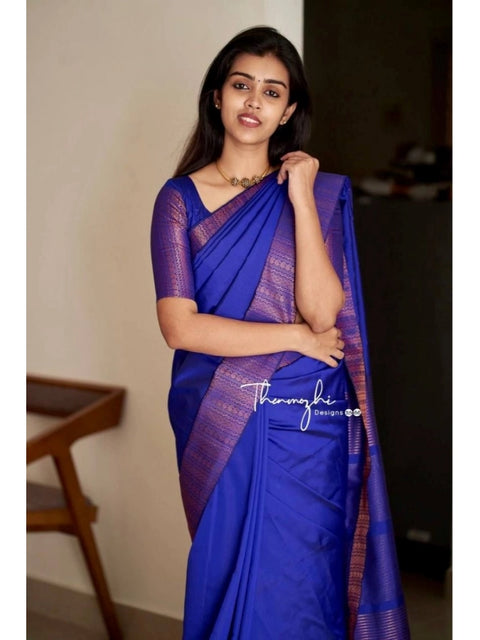 Women's Soft Lichi Silk Solid Saree With Unstitched Blouse 5.5Mtr (Blue)