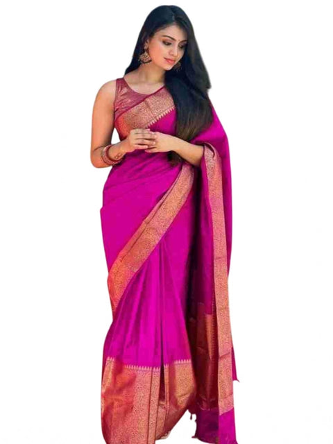 Women's Soft Lichi Silk Solid Saree With Unstitched Blouse 5.5Mtr (Pink)
