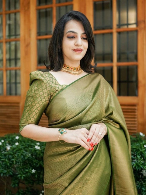 Women's Soft Lichi Silk Printed Saree With Unstitched Blouse 5.5Mtr (Green)