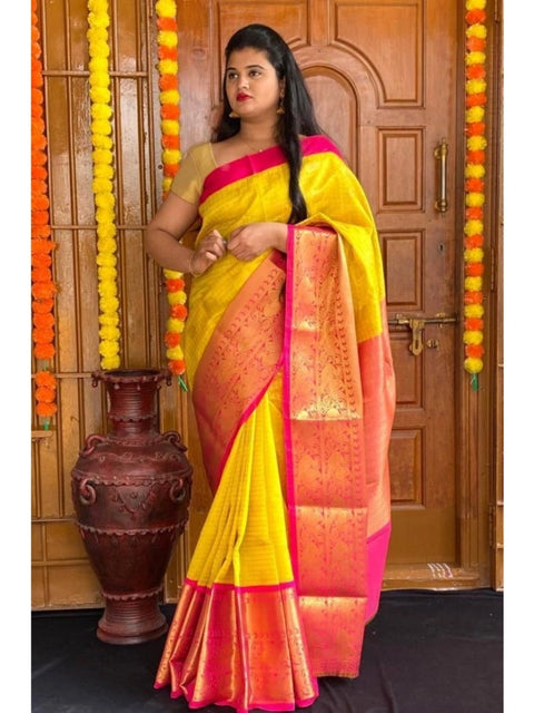 Women's Soft Lichi Silk Printed Saree With Unstitched Blouse 5.5Mtr (Yellow)