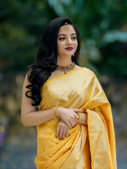 Women's Soft Lichi Silk Printed Saree With Unstitched Blouse 5.5Mtr (Yellow)