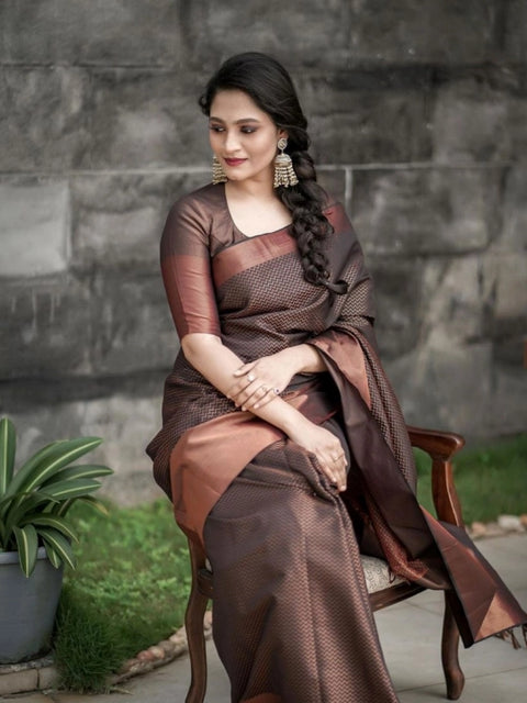 Women's Soft Lichi Silk Printed Saree With Unstitched Blouse 5.5Mtr (Brown)