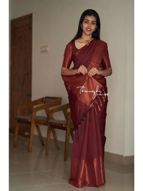 Women's Soft Lichi Silk Solid Saree With Unstitched Blouse 5.5Mtr (Maroon)
