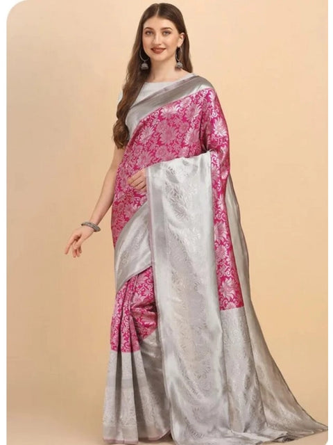Women's Soft Lichi Silk Printed Saree With Unstitched Blouse 5.5Mtr (Pink)