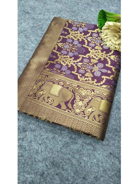 Women's Soft Lichi Silk Printed Saree With Unstitched Blouse 5.5Mtr (Purple)