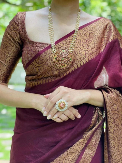 Women's Soft Lichi Silk Solid Saree With Unstitched Blouse 5.5Mtr (Maroon)