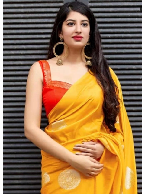 Women's Soft Lichi Silk Printed Saree With Unstitched Blouse 5.5Mtr (Yellow)