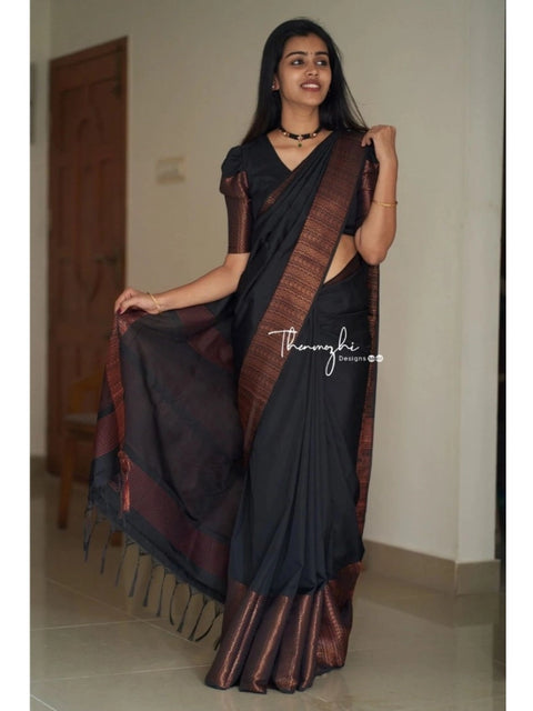 Women's Soft Lichi Silk Solid Saree With Unstitched Blouse 5.5Mtr (Black)