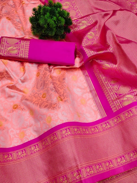 Women's Soft Lichi Silk Printed Saree With Unstitched Blouse 5.5Mtr (Pink)
