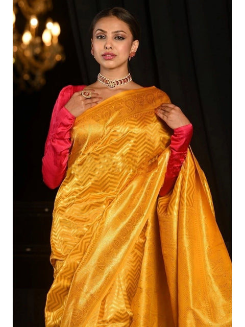 Women's Soft Lichi Silk Woven Saree With Unstitched Blouse 5.5Mtr (Yellow)